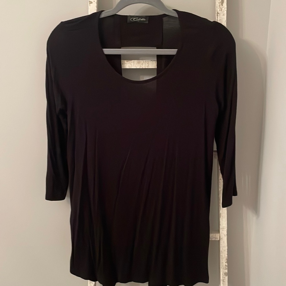 Black collette size small third quarter sleeve dress shirt with open back design